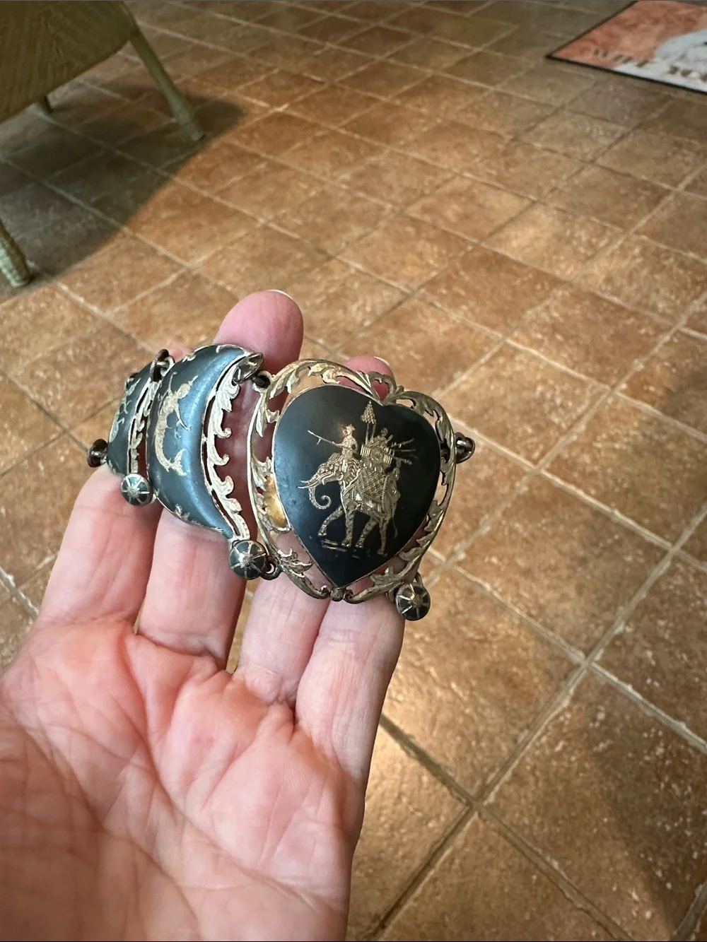 Vintage Sterling Equestrian Heart Link Bracelet - Black Enamel